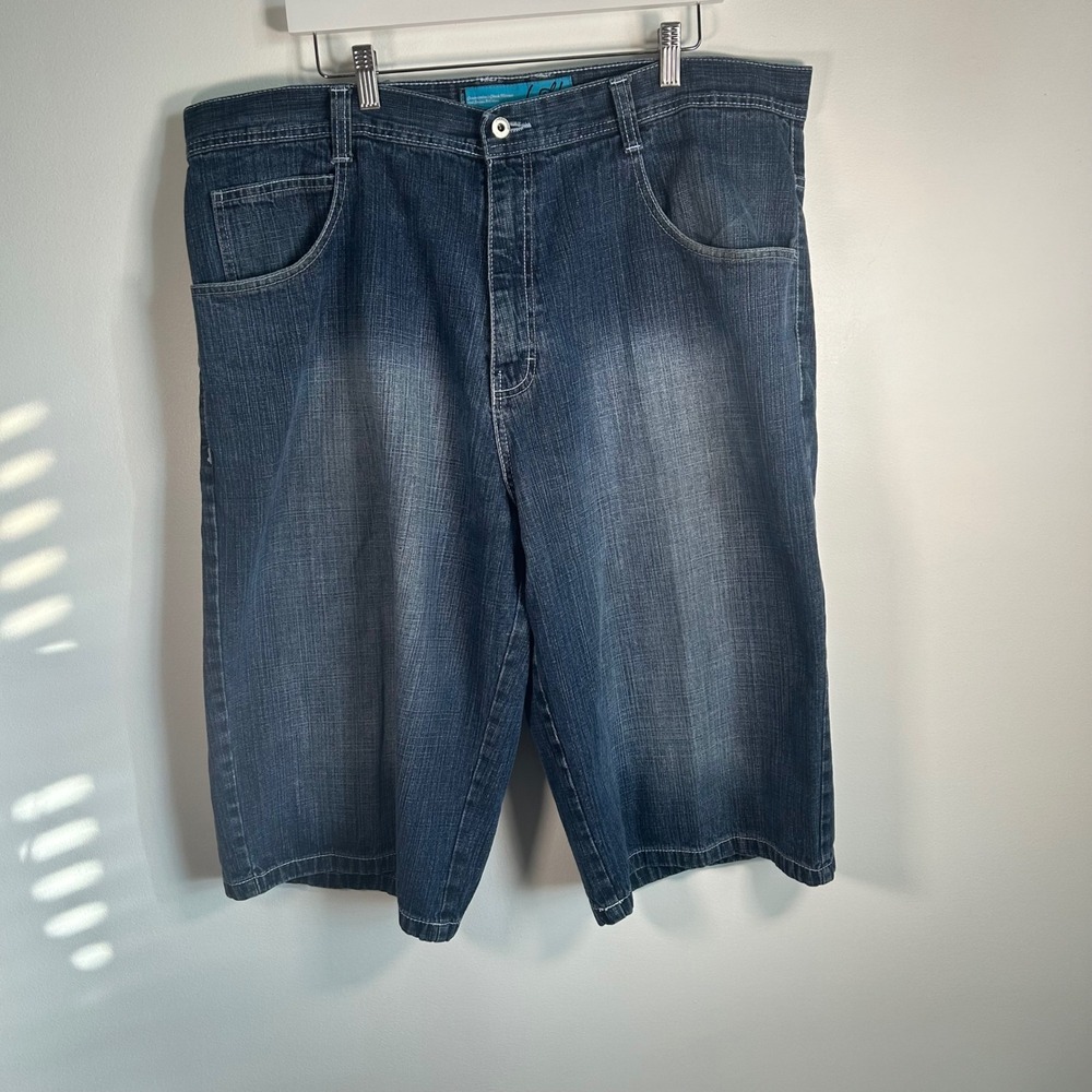 WCKD BRAND Mens Y2K Long Denim Shorts Size 40 Blue Wash Classic Fit Plaid Accent